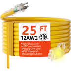 HUANCHAIN 12 Gauge Heavy Duty Outdoor Extension Cord 25 ft Waterproof with Lighted end, Flexible Cold-Resistant 3 Prong Electric Cord Outside, 15Amp 1875W 12AWG SJTW, Yellow, ETL