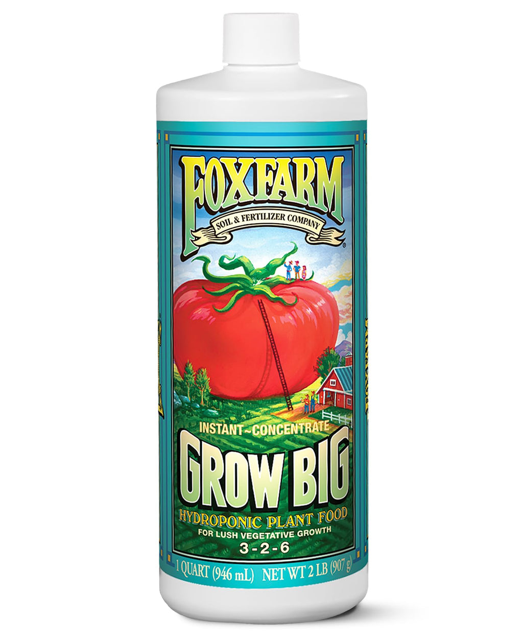 FoxFarm Grow Big Hydroponic Plant Food - 3-2-6 Liquid Plant Fertilizer for Lush Vegetative Growth in Hydroponic Systems - Liquid Concentrate with Earthworm Castings & Micronutrients - 1 Quart