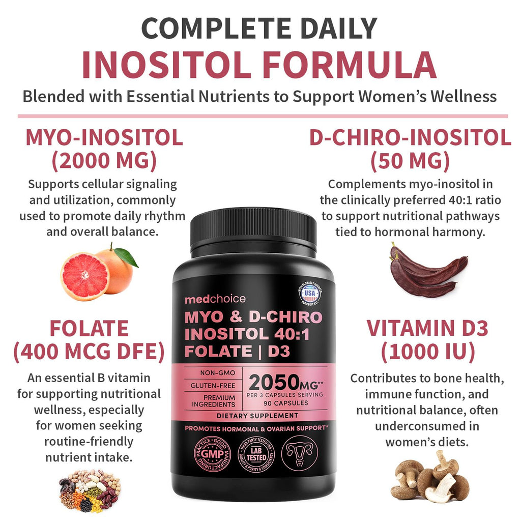 Myo-Inositol 40:1 for Women – Inositol Supplement with Myo & D-Chiro Inositol, Folate & Vitamin D3 – Vegan Capsules for Daily Routine & Hormone Support – Flo Ovarian Support Capsules – (90 Count)