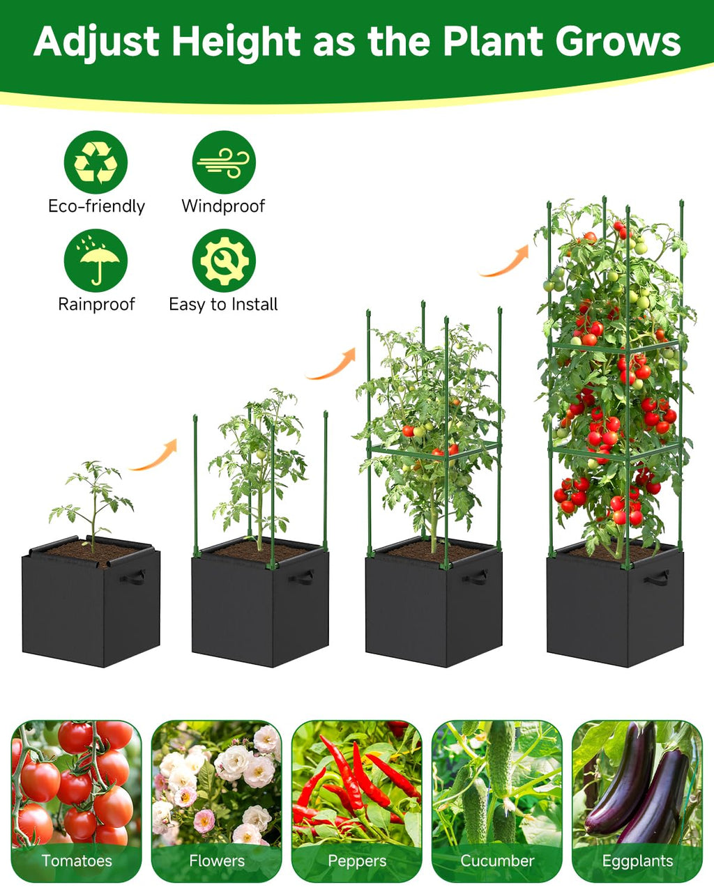 MQJIAZHI 4 Pack Square Tomato Trellis Cages 55 Inch Height, with 17 Gallon Square Grow Bags (12×12in), Heavy Duty Tomato Plant Support Stakes for Outdoor Garden Climbing Vegetables Fruits Flowers