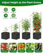 MQJIAZHI 4 Pack Square Tomato Trellis Cages 55 Inch Height, with 17 Gallon Square Grow Bags (12×12in), Heavy Duty Tomato Plant Support Stakes for Outdoor Garden Climbing Vegetables Fruits Flowers