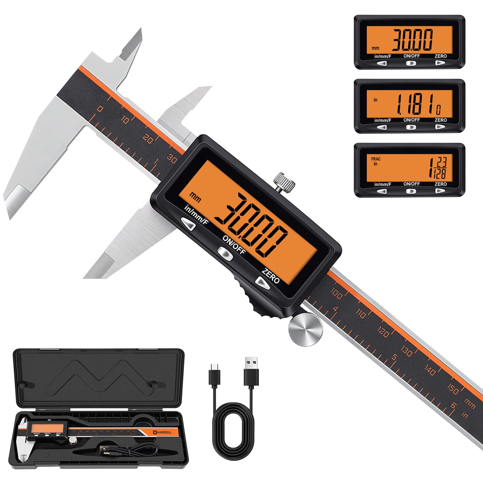 HARDELL Digital Caliper, 6" Rechargeable Caliper Measuring Tool with Large Orange Screen (Non-Backlit), Stainless Steel Digital Micrometer with Auto-Off, Inch/MM/Fraction for DIY/Household/3D-Printing