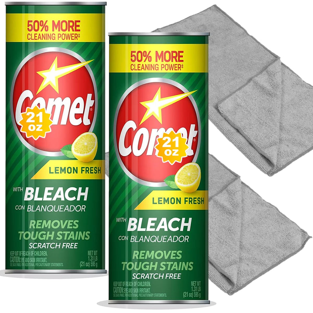 Cleaning Bundle: Comet Lemon Fresh Powder Cleanser with Bleach, 21 oz Bottles, 2 Pack + two 12"×16" microfiber cloths