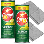 Cleaning Bundle: Comet Lemon Fresh Powder Cleanser with Bleach, 21 oz Bottles, 2 Pack + two 12"×16" microfiber cloths