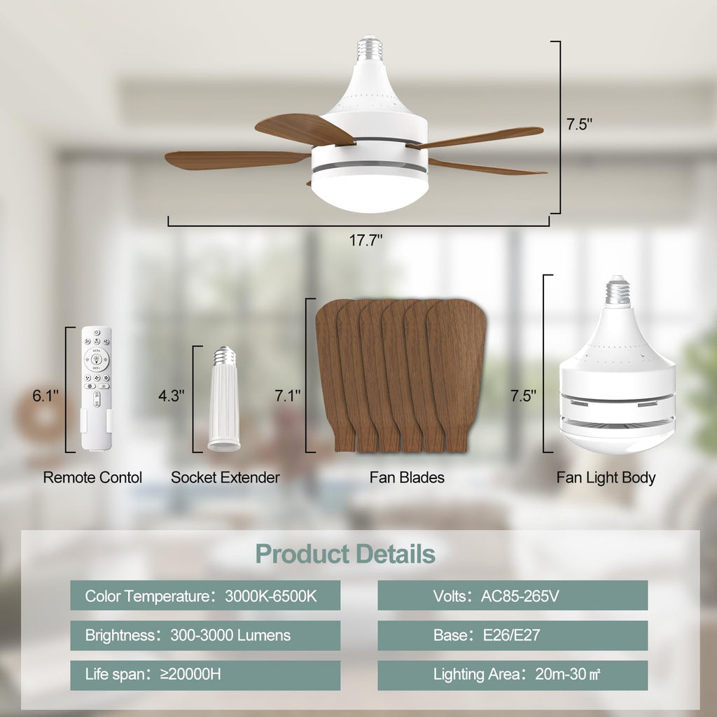 WZZIW 17.7" Socket Fan Light, E26/E27 Light Bulb Fan with Reversible Motor, 3000 Lumens Small Ceiling Fans with Lights and Remote, Dimmable 3000K-6500K for Bedroom Kitchen Living Room Garage