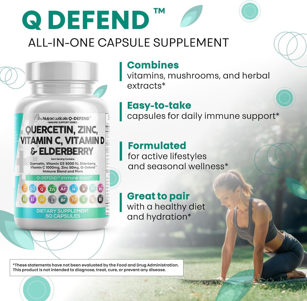 Q Defend Quercetin Supplement with Zinc Vitamin C Vitamin D Elderberry Turmeric Black Pepper Garlic Ginger Sea Moss Lysine Stinging Nettle Reishi Immune Support 60 Capsules Pack of 2 by Clean Nutra