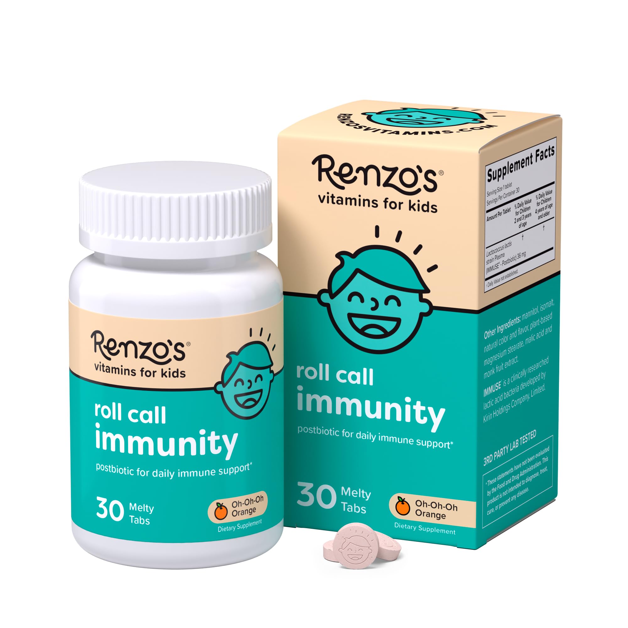 Renzo's Roll Call Immunity - Dissolvable Kids Immune Support Supplement with IMMUSE Postbiotic, Sugar-Free Kids Vitamins, 30 Orange-Flavored Melty Tabs