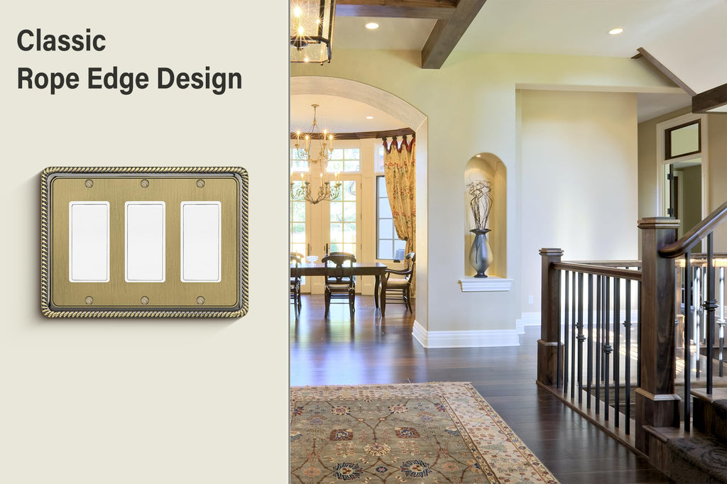 Henne Bery Rope Edge Decorative Wall Plate Switch Plate Outlet Cover (Triple Decorator, Antique Brass)