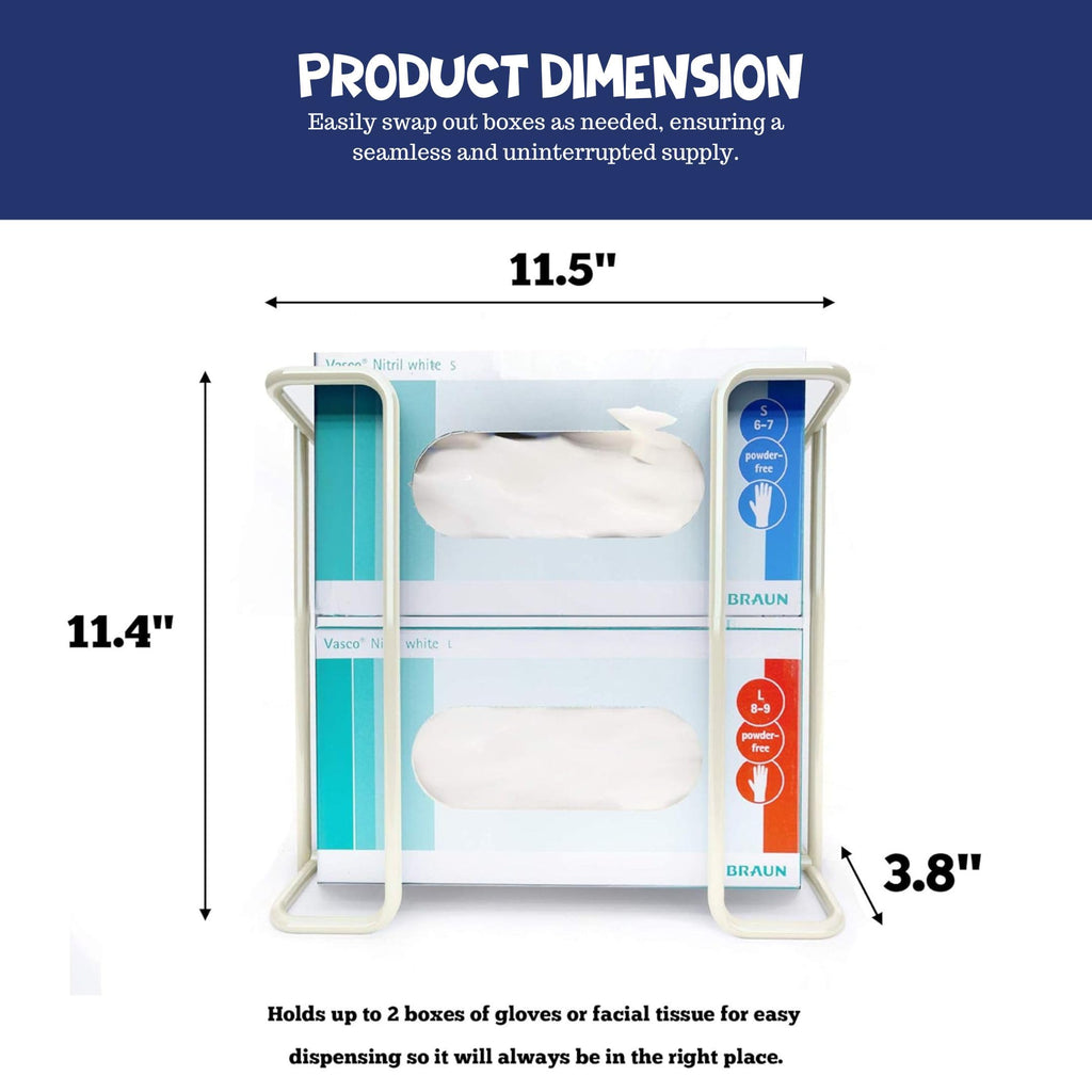 Glove Box Holder Wall Mount Dispenser for 2 Boxes, Powder Coated Metal Rack for Disposable Gloves and Tissue, Organizer for Kitchen, Lab, Garage, Hardware Included, White - Safety Supply Mart