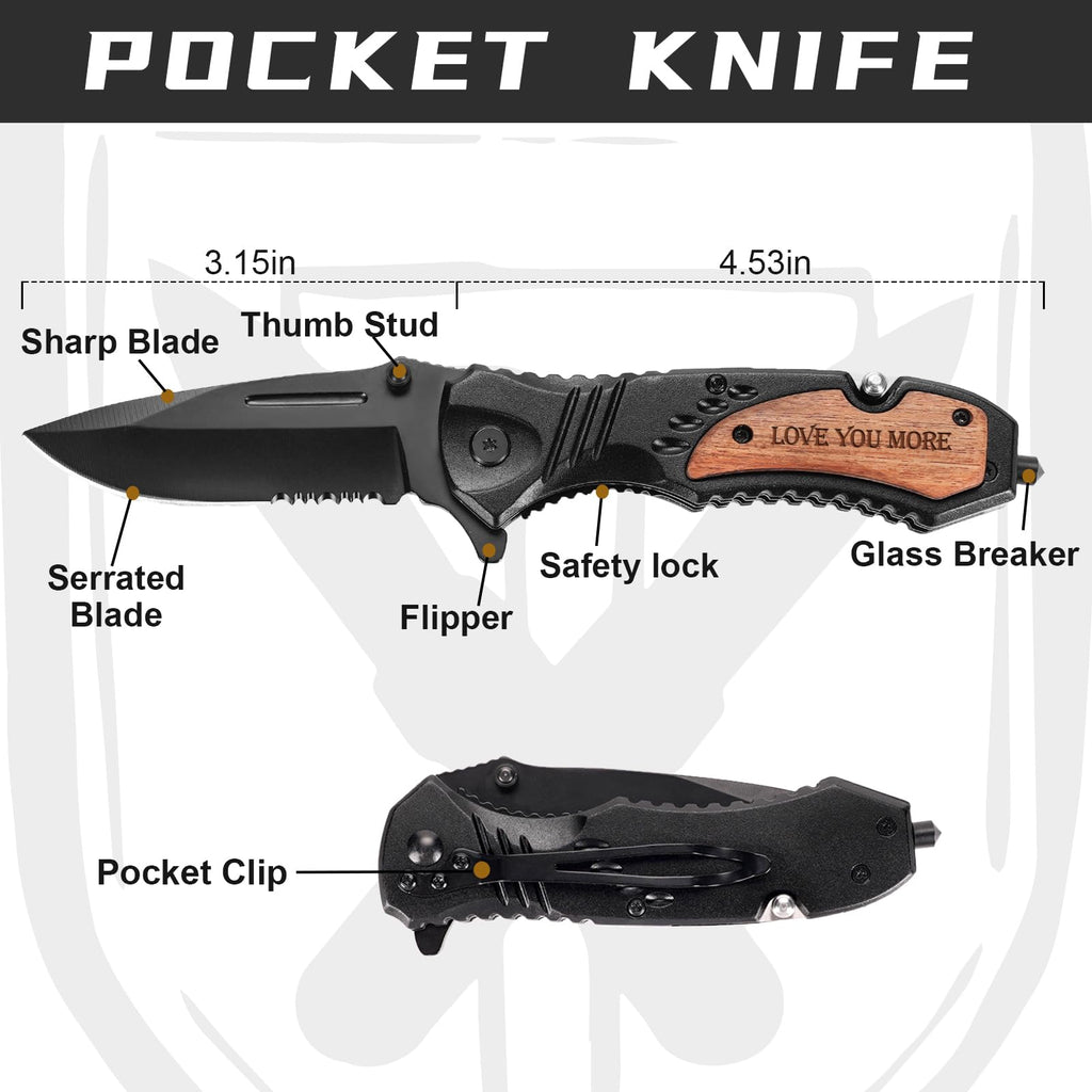 Gifts for Men Dad Him Fathers Day, Anniversary Birthday Gifts ideas for Boyfriend Husband, Engraved Pocket Knife, Wooden Handle Folding Knife with Wood Box, Unique Outdoor Camping Hunting Fishing Tool