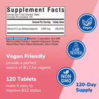 Vitalibre Vitamin B12 Sublingual 5000 mcg, Methylcobalamin, Bioactive Form, High Absorption, Vegan, Natural Peach Flavor, 120 Fast Dissolve Mini Tablets, No Sugar