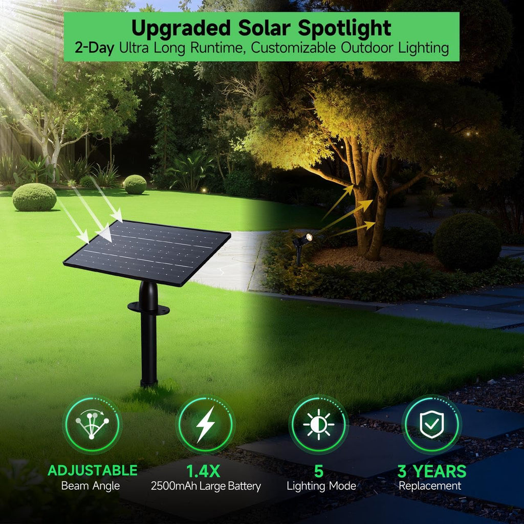 Varmtalys Solar Spot Lights Outdoor, Adjustable Angle Waterproof Landscape Spotlight, All Night LED Uplights Separate Panel, Warm & Daylight Selectable (3000k/4500k/6500k) for Tree Yard Garden 2 Pack