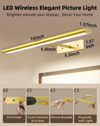 EZVALO Picture Light for Wall, 4800mAh Rechargeable Wireless Remote, 16‘’ Dimmable Magnetic LED Art Display Light with 3 Color Temperatures, for Gallery, Living Room, Bedroom, Hallway (Gold)