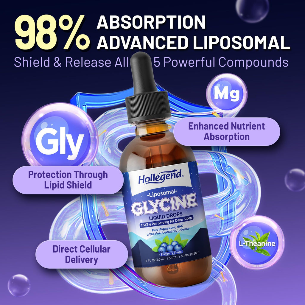 HOLLEGEND Liposomal Glycine Supplements for Sleep, 1.5/3g Glycine Liquid Drops with Magnesium, L-Theanine & L-Serine | Plus NAC & L-Alanine for Liver & Cellular Health, Vegan, Blueberry, 2 Fl Oz