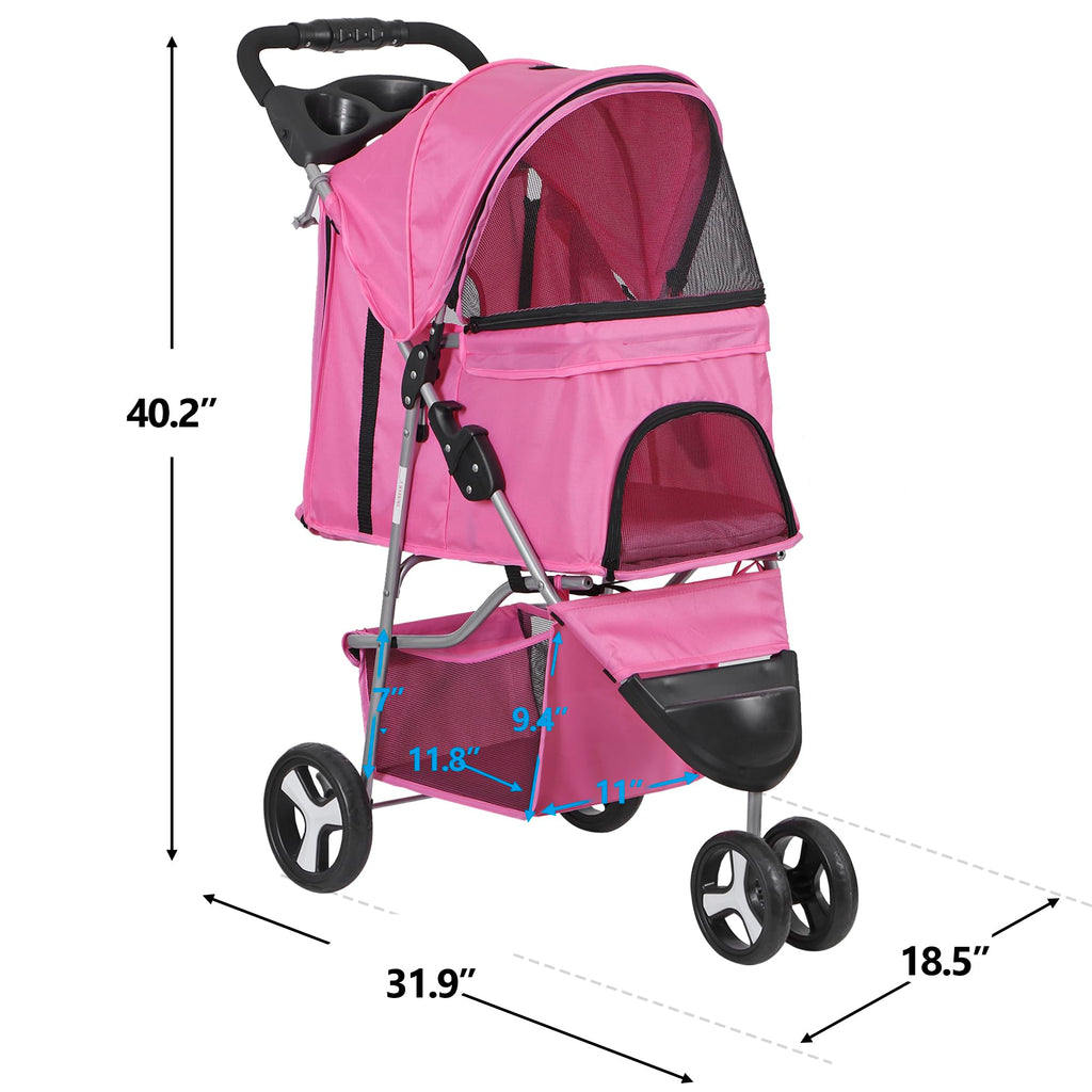 Epetlover 3 Wheels Dog Stroller Folding Pet Strolling Cart for Small Medium Cats Puppies Portable Jogger Travel Camping Puppy Carrier with Storage Basket Cup Holder, Pink
