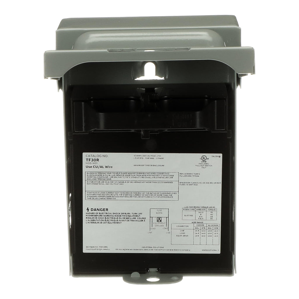 ABB TF30RCP • Weatherproof Fused AC Disconnect Switch • AC Disconnect 30A 240V • 1 Phase N3R • Horsepower Rated • 10kAIC