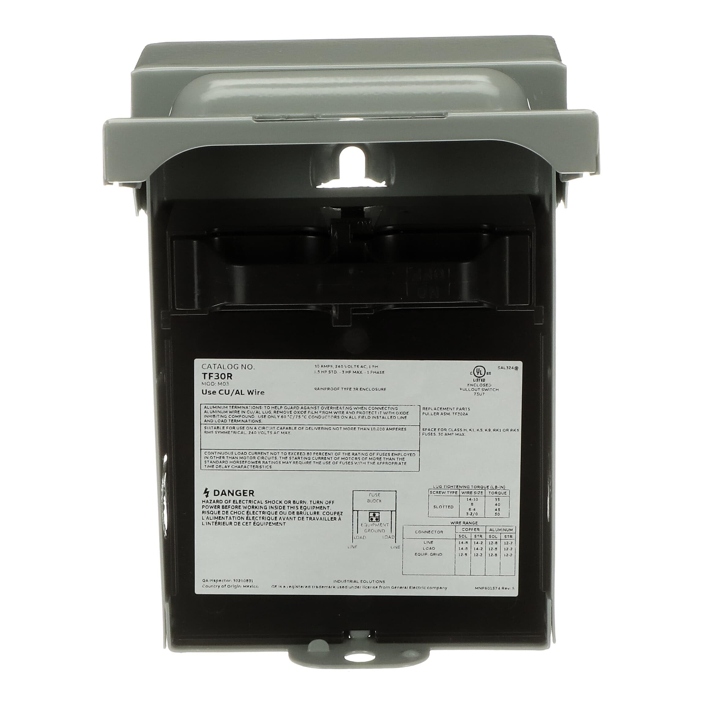 ABB TF30RCP • Weatherproof Fused AC Disconnect Switch • AC Disconnect 30A 240V • 1 Phase N3R • Horsepower Rated • 10kAIC