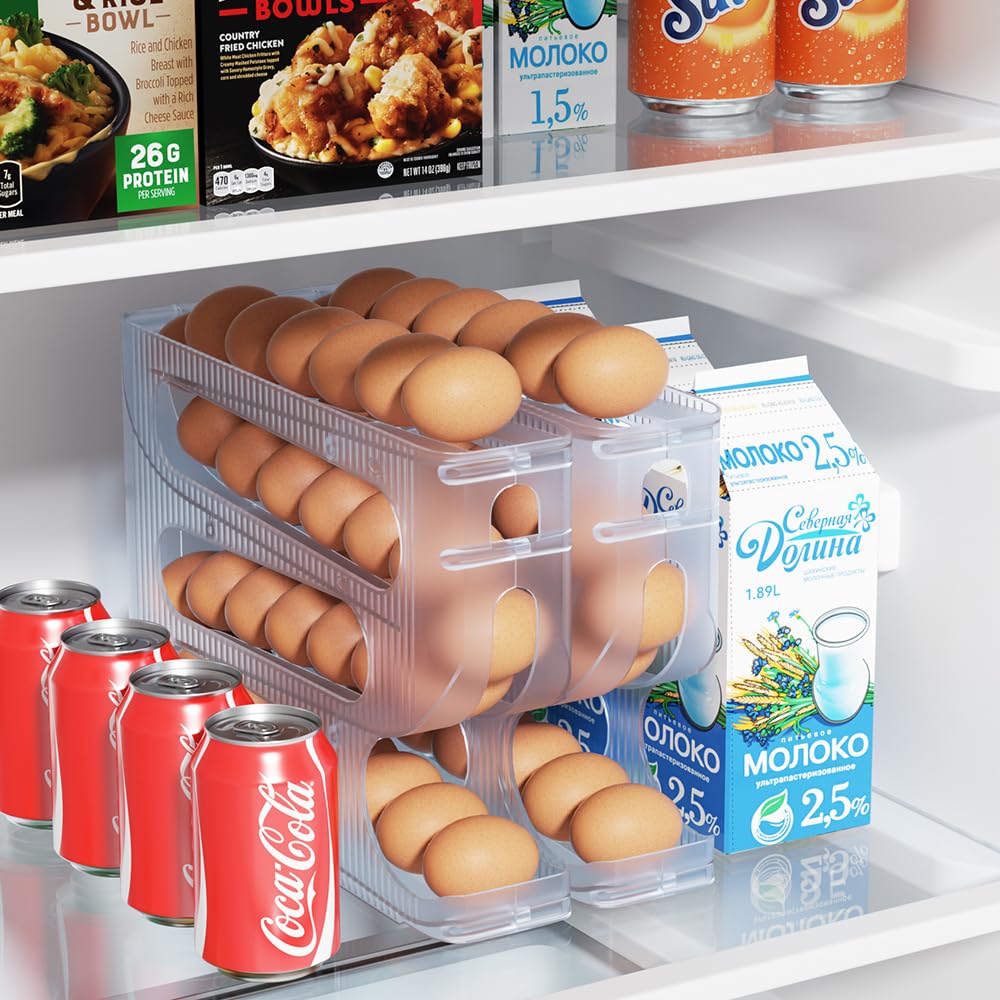 Sotfamily Egg Holder for Fridge, Auto Rolling Egg Dispenser for Refrigerator, Kitchen - Space-saving Egg Roller/Organizer/Storage/Container/Tray - 2 Packs for 56 Large Size Eggs(Frosted Clear)