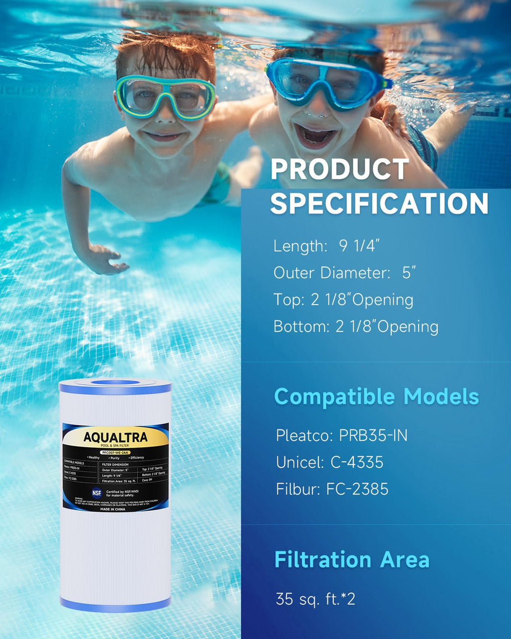AQUALTRA Spa Filter Compatible with PRB35-IN, C-4335, FC-2385, Dynamic Series 03FIL1300, Waterway 35, Guardian 409-219, 5" x 9 1/4" Drop in Hot Tub Filter 2 Pack (White)