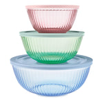 Pyrex Colors (3-Pack, Full Set) Sculpted Tinted Glass Mixing Bowls With Plastic Lids, Nesting Space Saving Set of Bowls For Prepping and Baking, 1.3QT, 2.3QT & 4.5Q, (Pink, Green, Blue)