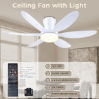 GJeg Ceiling Fans with Lights,42" Low Profile Ceiling Fan with Light and Remote Control,Flush Mount, Reversible, Dimmable, Noiseless, White Ceiling Fan for Bedroom