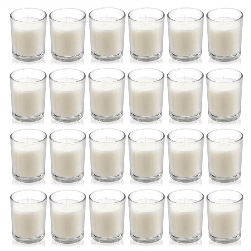 Housecret 24 Pack Warm White Unscented Clear Glass Filled Votive Candles. Hand Poured Wax Candle Ideal Gifts for Aromatherapy Spa Weddings Birthdays Holidays Party