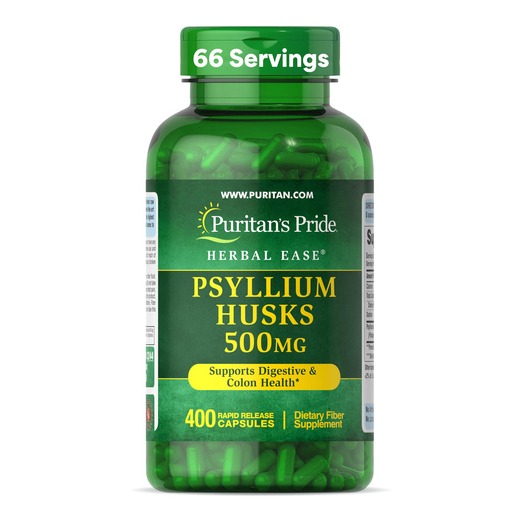 Puritan's Pride Herbal Ease® Psyllium Husks 500mg, Dietary Supplement for Digestive, Colon, and Heart Health Support, Daily Fiber Capsules, 2 Month Supply, 400 Rapid Release Capsules