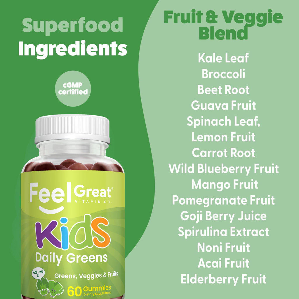 Feel Great Super Green Gummies for Kids | Fruit and Vegetable Gummies | Vegan Veggie Gummy Multivitamin for Kids | Veggie Fiber Supplement | 60 Count