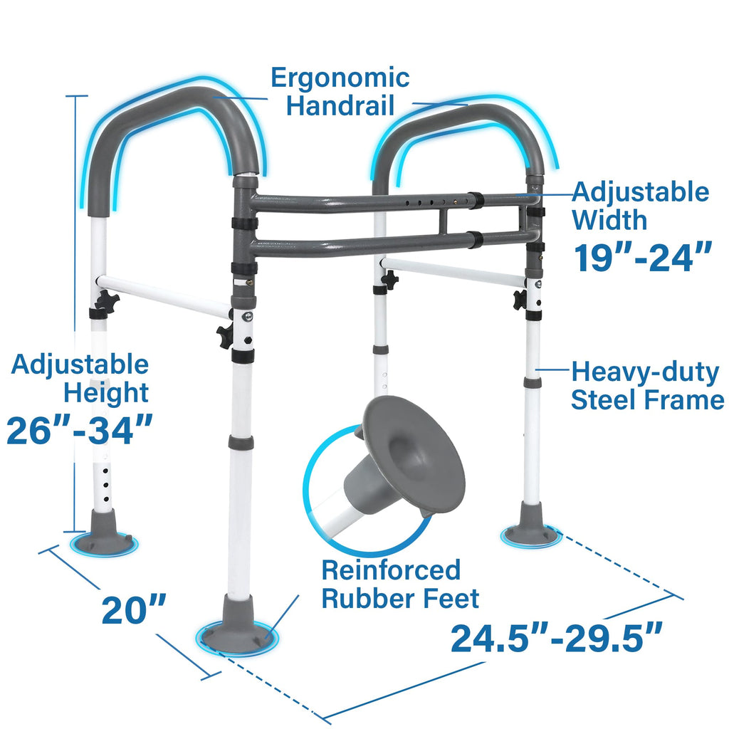 Vaunn Medical Deluxe Adjustable and Foldable Toilet Safety Frame, Bathroom Handrail Assist Grab Bar Handle (Gray, Adjustable Width and Height)
