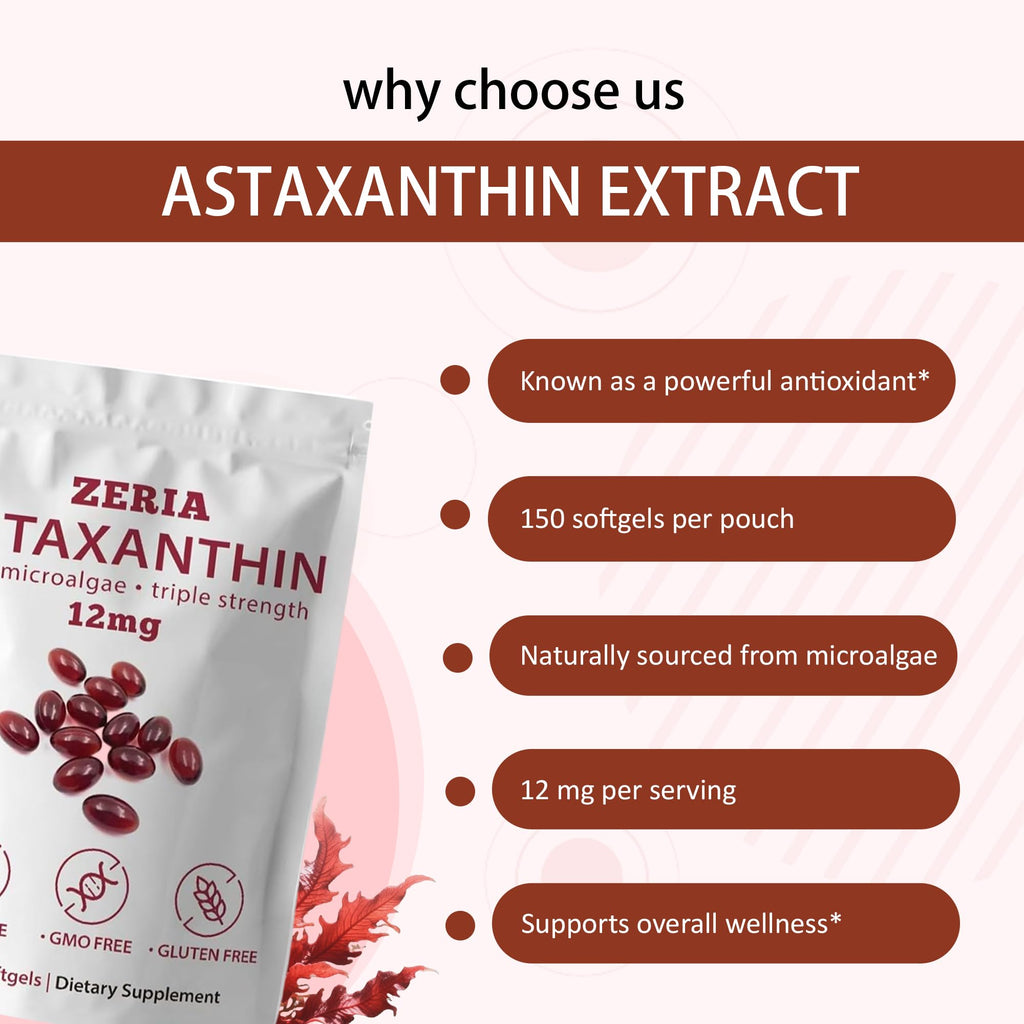 ZERIA Astaxanthin 12mg, 150 Softgels - Natural Microalgae Antioxidant for Eye, Skin & Immune Support, 4-Month Supply(1pcs)