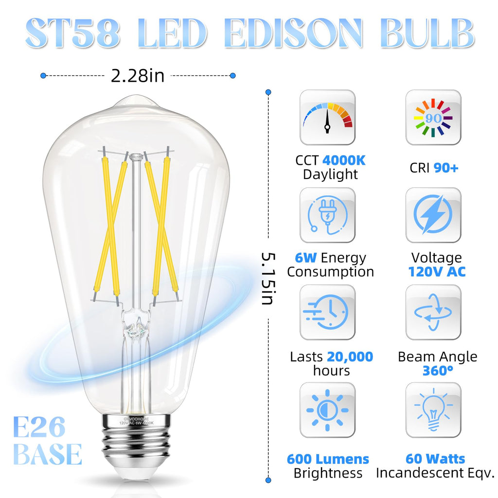 GvvooHome Edison Bulbs E26 LED Bulb 60 watt Equivalent 4000K Daylight White