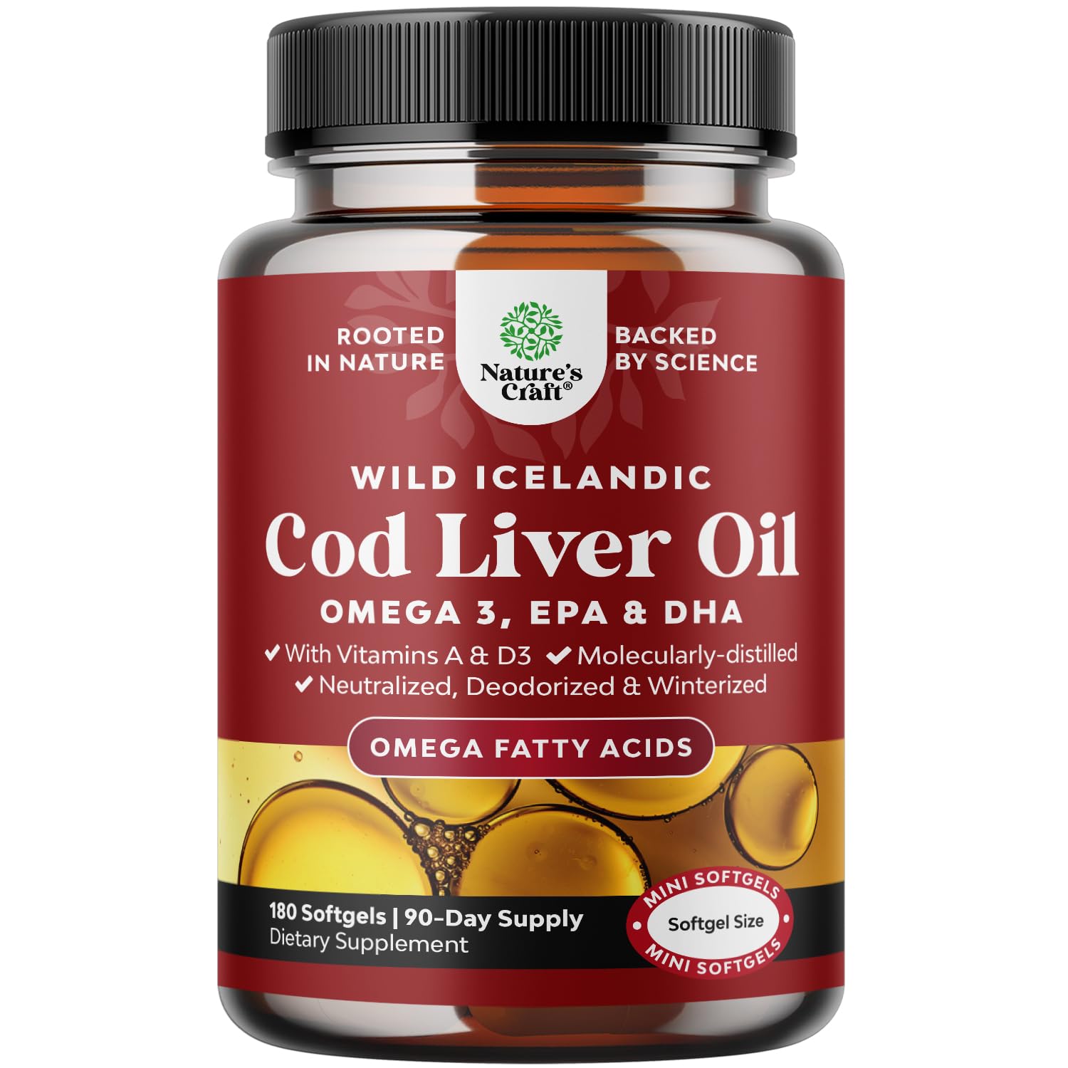 Icelandic Cod Liver Oil Softgels - Wild Caught Omega 3 Fish Oil 1000mg per serving - Sustainably Sourced Burpless Fish Supplement with Vitamin D3 & A for Heart Joint Brain & Immune Support - 180 Count