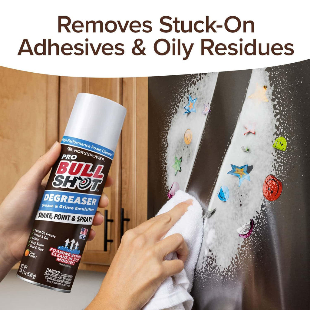 Bull Shot Degreaser Pro, Foaming Degreaser & Grime Remover, Heavy-Duty, AS SEEN ON TV, Residue-Free, Shake, Point & Spray, Emulsifies Grease, Oil Splatters, Glue, Tape Residue & More - Made in the USA