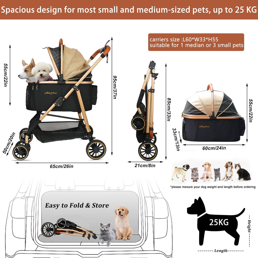 MILA&LOUIS Dog Stroller, 24" Pet Cradle, Lightweight & Stylish Pet Stroller for Small and Medium Pets, 33 Lbs Capacity with Cup Holder, Hook, Detachable Aluminum Cradle (Khaki)