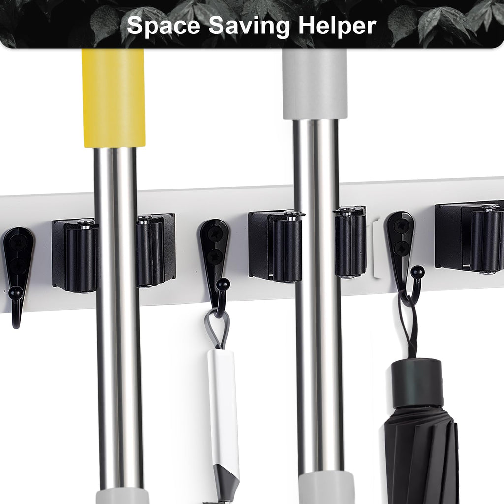FunCee Broom Holder Wall Mount With 5 Slots & 4 Hooks，Rustic Wood Broom & Mop Hanger，Wall Mounted Garden & Garage Tool Storage Organizer Rack for Closet Laundry Room or Kitchen Wall Decor White