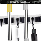 FunCee Broom Holder Wall Mount With 5 Slots & 4 Hooks，Rustic Wood Broom & Mop Hanger，Wall Mounted Garden & Garage Tool Storage Organizer Rack for Closet Laundry Room or Kitchen Wall Decor White
