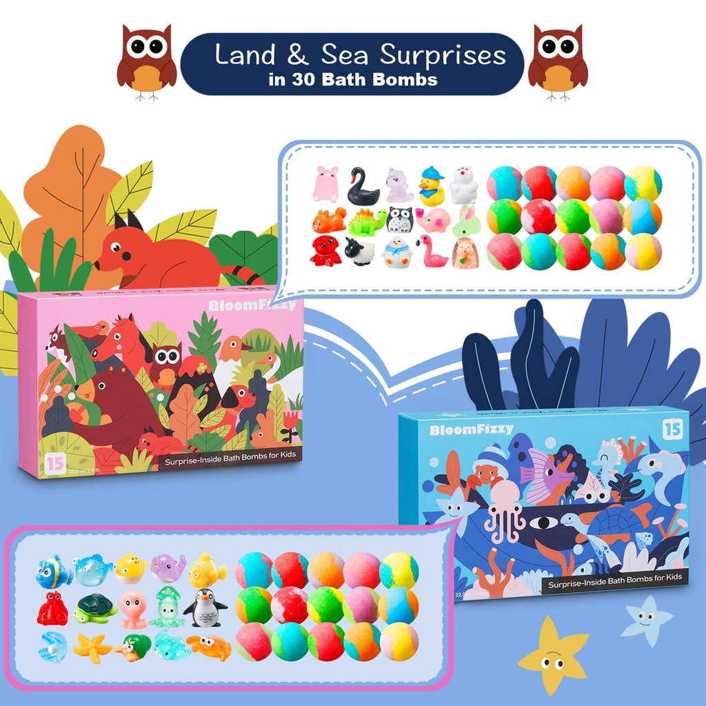 30 Pack Kids Bath Bombs with Land & Sea Animal Toys, Dual-Themed Gift Boxes