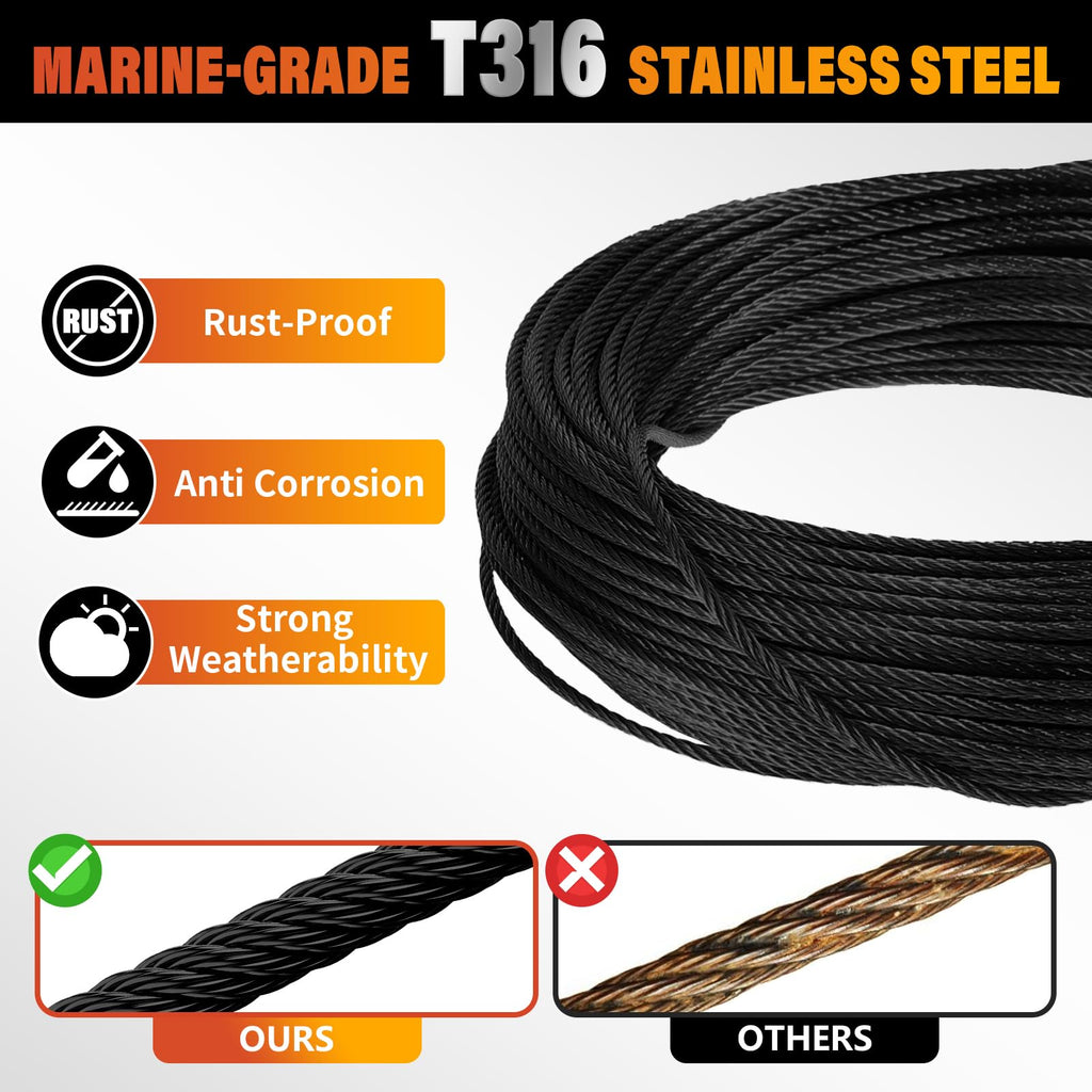 Black Stainless Steel Cable for Railing - 150FT 1/8" T316 Wire Rope for Deck Cable Railing System Kit