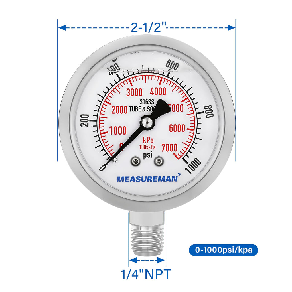 MEASUREMAN 2-1/2" Dial Size, Glycerin Filled Pressure Gauge, 0-1000psi/kpa, 304 Stainless Steel Case, 1/4" NPT Center Back Mount