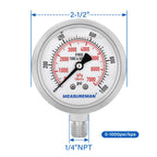 MEASUREMAN 2-1/2" Dial Size, Glycerin Filled Pressure Gauge, 0-1000psi/kpa, 304 Stainless Steel Case, 1/4" NPT Center Back Mount