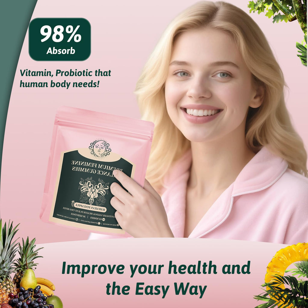 Mosslly Feminine Balance Gummies for Women - Premium Balance Supplement for Women PH Health, Gut Healthy, Immune Support, Hawaiian Pineapple Flavor, 60 Gummies