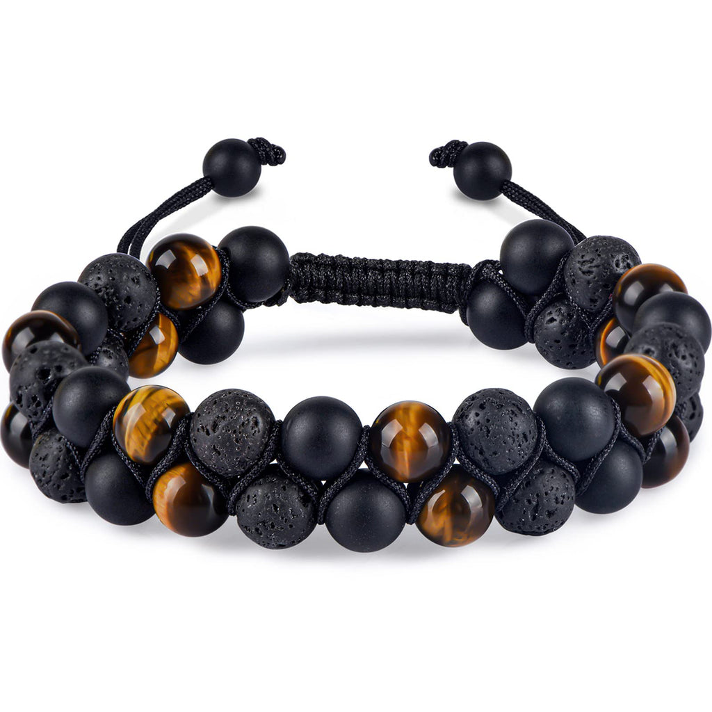 Triple Protection Bracelet for Men Women, Genuine Premium Tiger Eye Black Onyx and Lava Rock 8mm Handmade Bead Bracelet Healing Crystal Protection Bracelets Bring Luck and Prosperity and Happiness