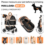 Dog Cat Stroller for Small/Medium Pets up to 50 lbs, 3-in-1 Foldable Pet Stroller with Detachable Carrier, Car Seat, Storage Basket, Cup Holder, Hanging Bag, Rain Cover, All-Terrain 4 Wheels (Khaki)