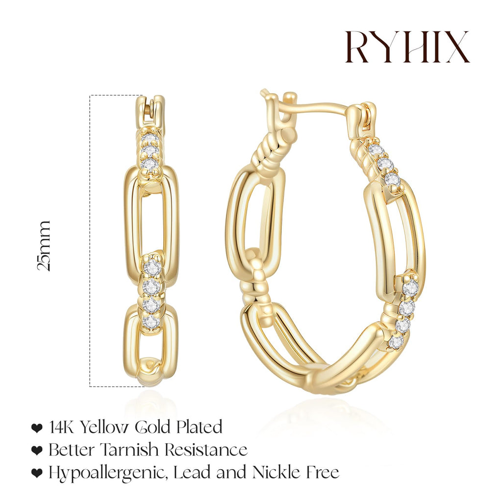 RYHIX 14K Gold Hoop Huggie Earrings for Women Gold Earrings Hoops Earring Trendy Cable Design Womens Earring 25mm