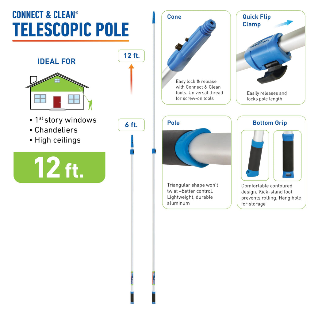 Unger Professional Connect and Clean 6’-12’ Aluminum Telescopic Extension Pole with Locking Cone and Quick-Flip Clamp, Compatible with Cleaning Tool Attachments, Indoor and Outdoor Use