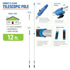 Unger Professional Connect and Clean 6’-12’ Aluminum Telescopic Extension Pole with Locking Cone and Quick-Flip Clamp, Compatible with Cleaning Tool Attachments, Indoor and Outdoor Use