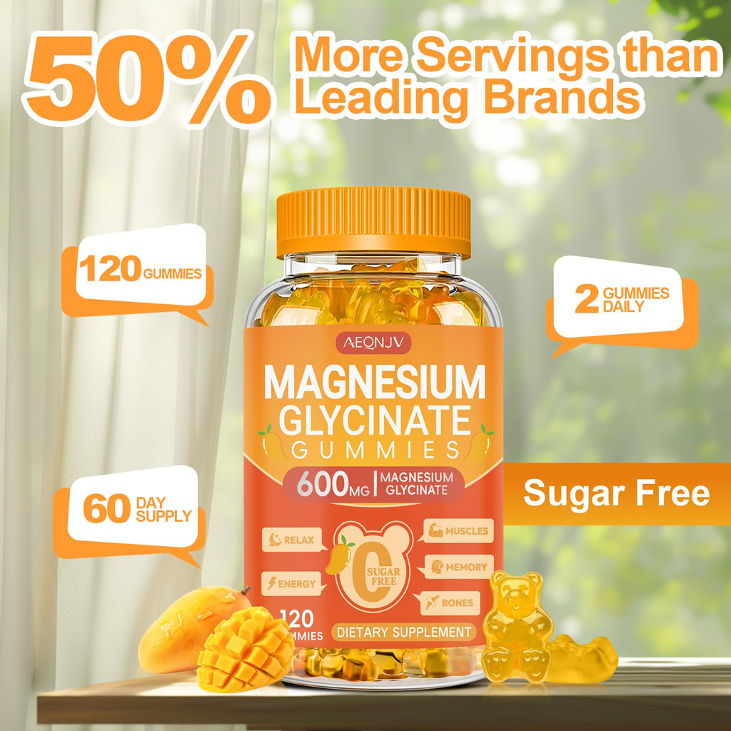 Magnesium Glycinate Gummies 600mg, Chewable Sugar Free Potassium Magnesium Gummies with Magnesium Glycinate, Vitamin D, B6 and CoQ10 for Sleep, Relaxation, Brain & Muscle, 120 Count