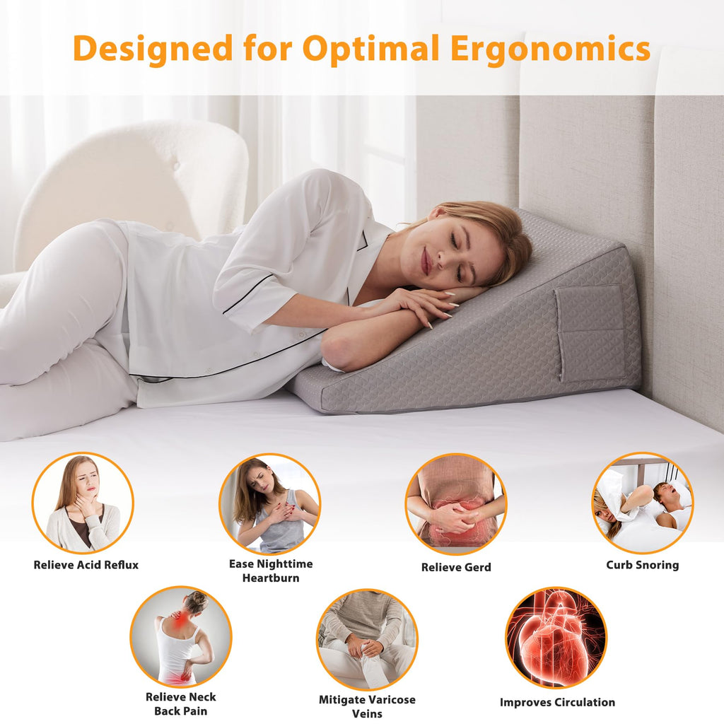 Ruqmuis Wedge Pillow for Sleeping, 10" Bed Wedges Pillow for Headboard, Triangle Incline Wedge for Acid Reflux, Pillows Wedge for Back Pain Relief, Elevated Leg Pillows After Surgery, Snoring, Grey