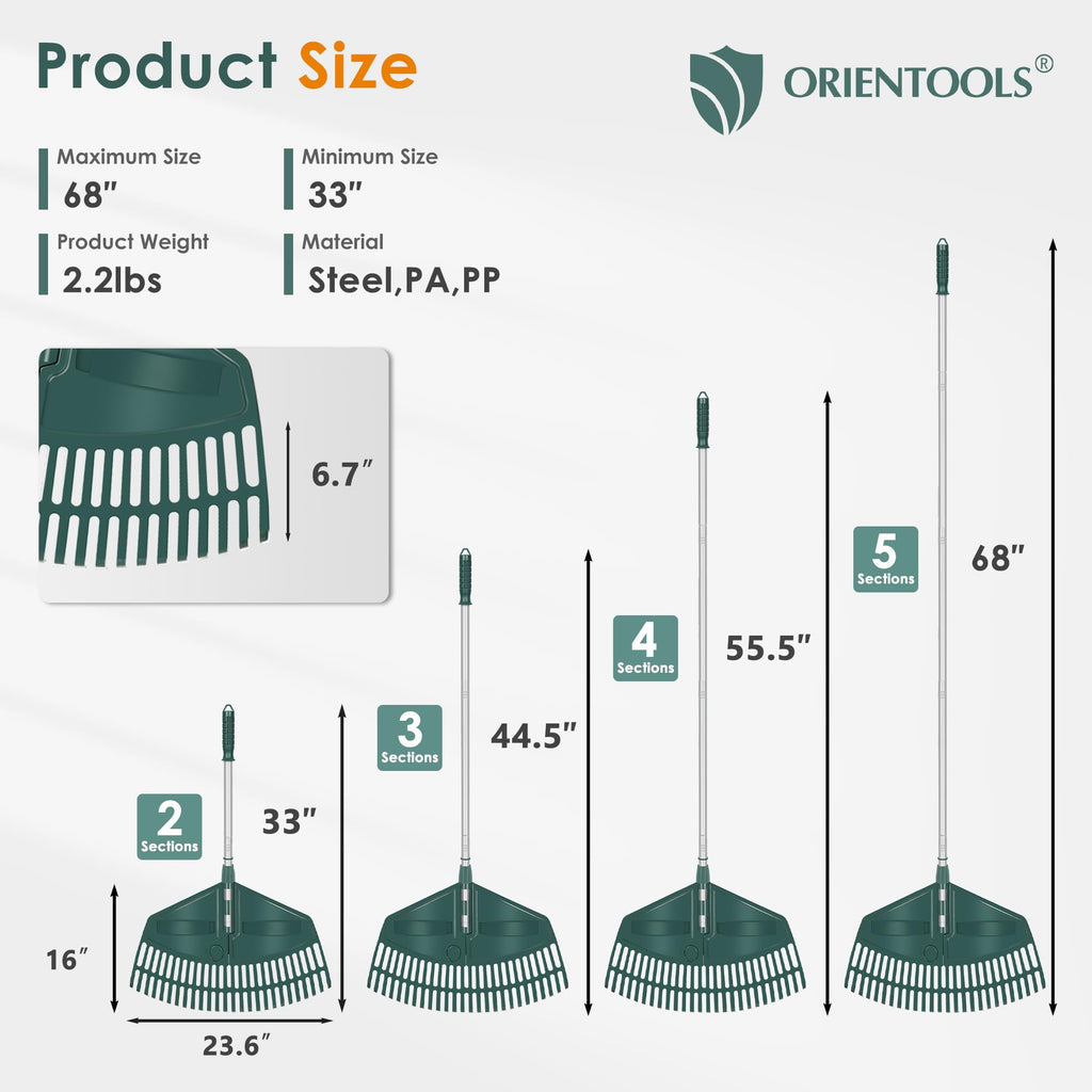 ORIENTOOLS 69" Adjustable Leaf Rake with 5-Section Handle, 26-Tine Durable Plastic Head, Dual-Use Design Converts to Leaf Scoops, Lightweight Yard Rake for Lawns, Grass, Shrubs & Garden Cleanup