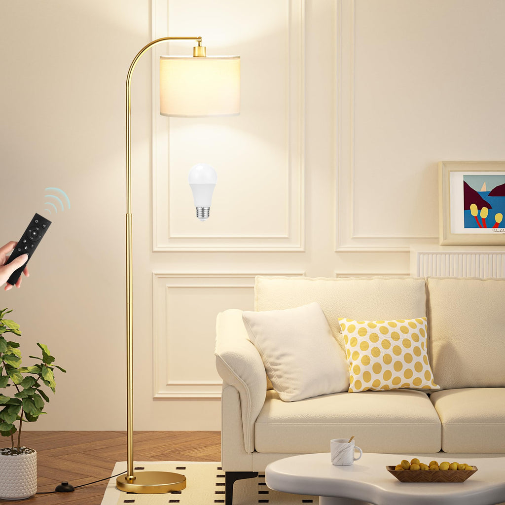 Ambimall Arc Floor Lamp with Remote and Stepless Dimmable Bulb, Colors Temperature & Brightness Adjustable, Floor Lamps for Living Room（White Shade & Gold Pole）